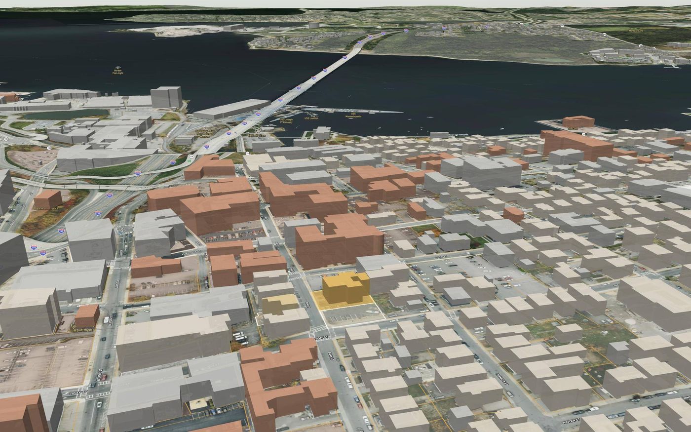 3D model of the Bank Street block looking toward the Taunton River and the Braga Bridge, with 270 Bank Street highlighted in gold, the 284 corner lot outlined, and 275 Bank Street across the street