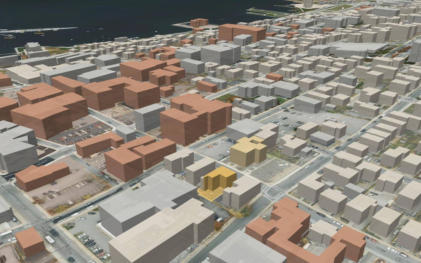 3D view with 275 Bank Street in gold in the foreground, 270 and the 284 corner lot across Bank Street, and the river beyond
