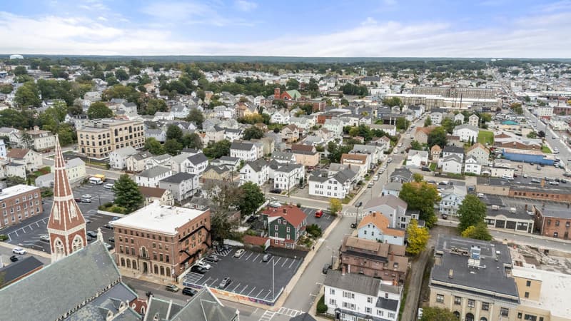 Aerial view looking north over the surrounding neighborhood
